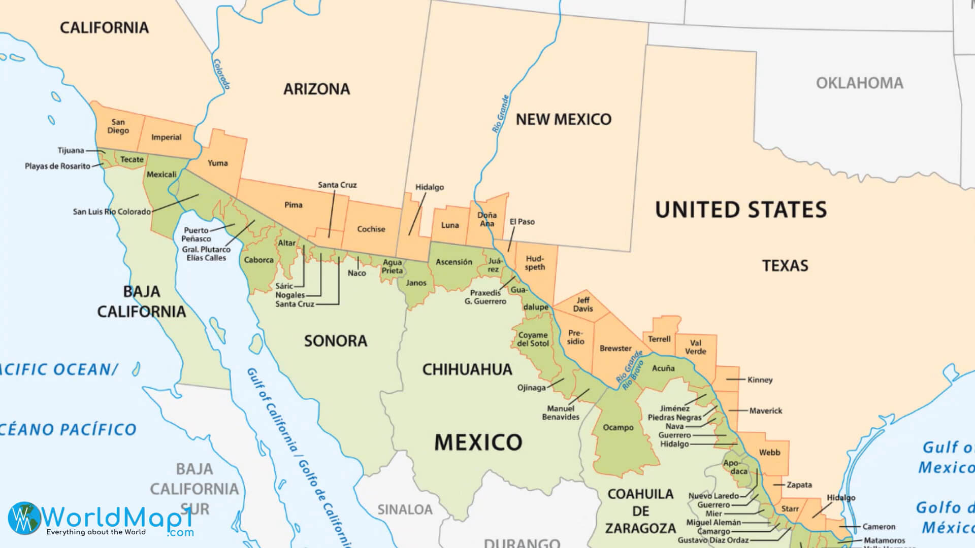 Texas Map with Mexico Border